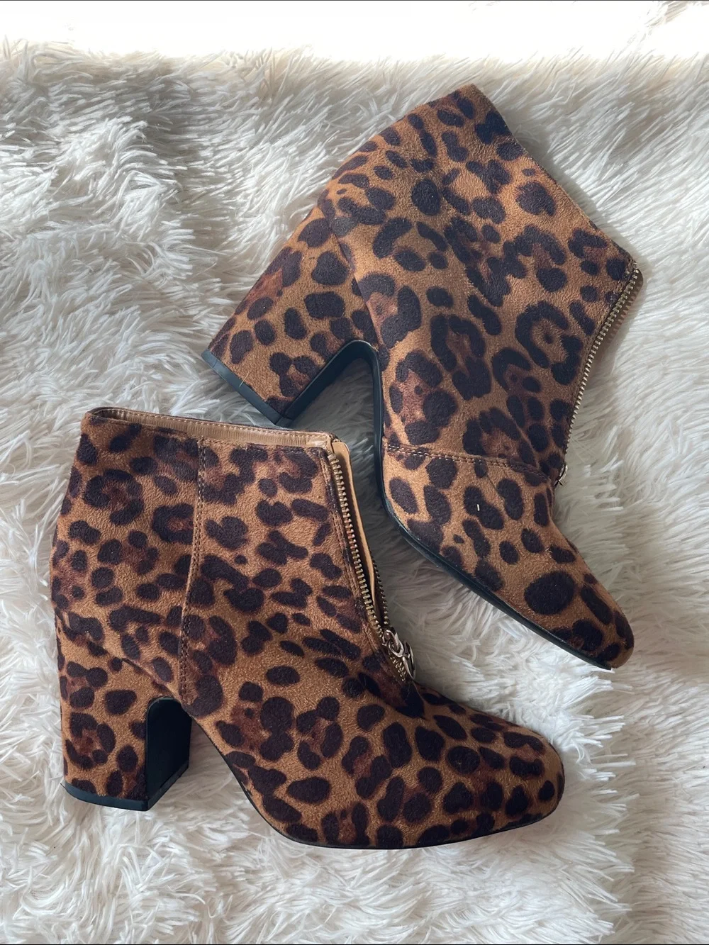 Leopard Print Ankle Booties with Side Zip - Brown size 9W